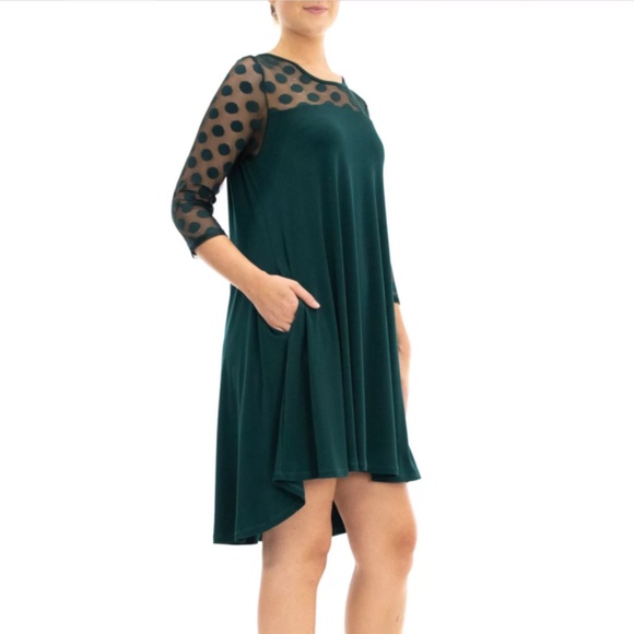 Nina Leonard 3/4 Sleeve Trapeze Dress With Dot Illusion Yoke - Picture 2 of 10